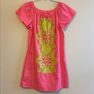 Embroidered dress off shoulder pink green summer